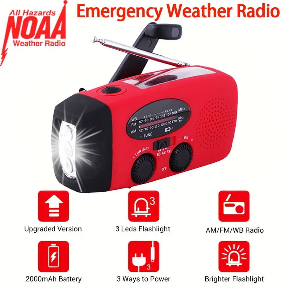 Radio portatile multifunzionale a manovella dinamo Radio meteorologiche ad energia solare NOAA/AM/FM emergenza LED torcia Power Bank