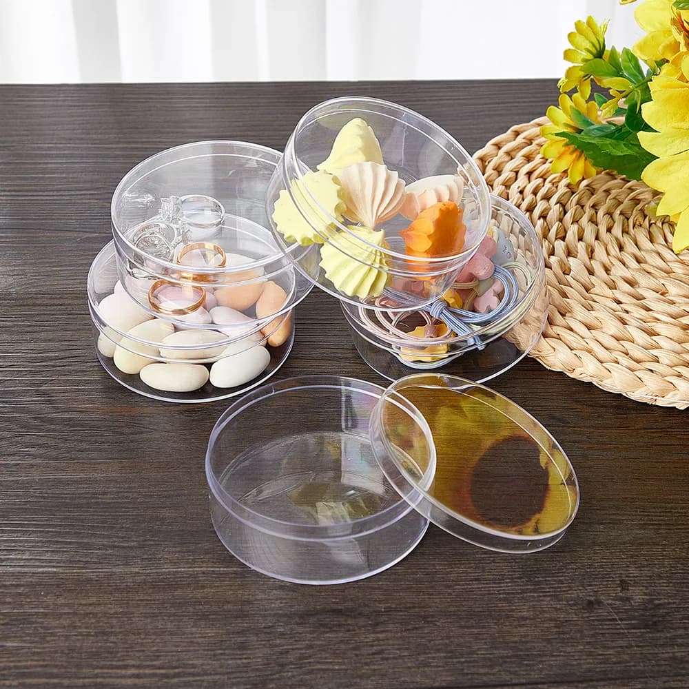 Scatola per caramelle nuziali Scatola portaoggetti da tavolo rotonda in plastica per uso alimentare per collane, orecchini e piccoli accessori 8x3 cm