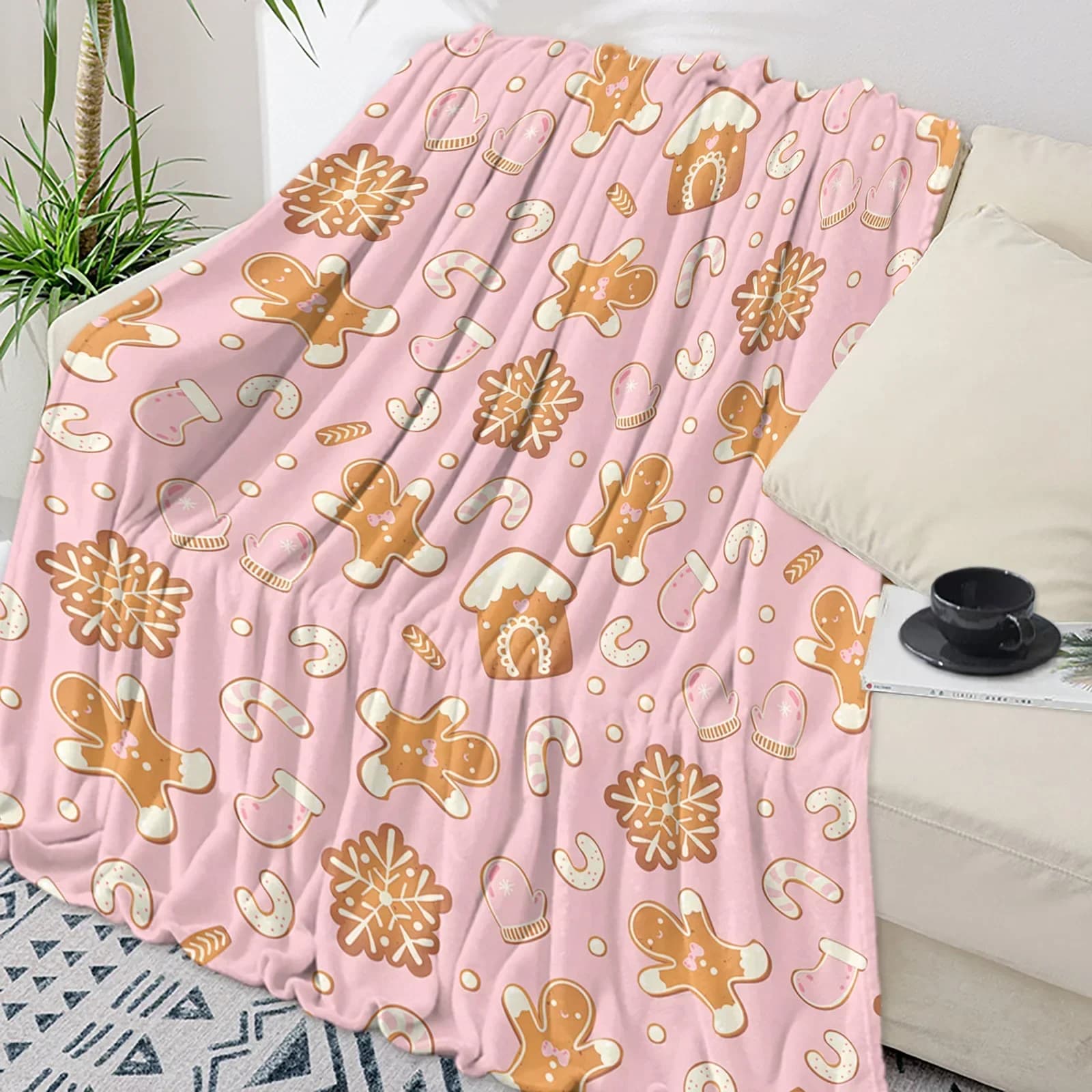 Natale Gingerbread Man coperta da tiro rosa coperta natalizia morbida peluche caldo divano coperta da tiro regali di festa