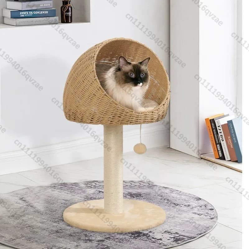 Tiragraffi per Gatti Intrecciato a Mano con Cuccia Integrata e Scaffale in Sisal