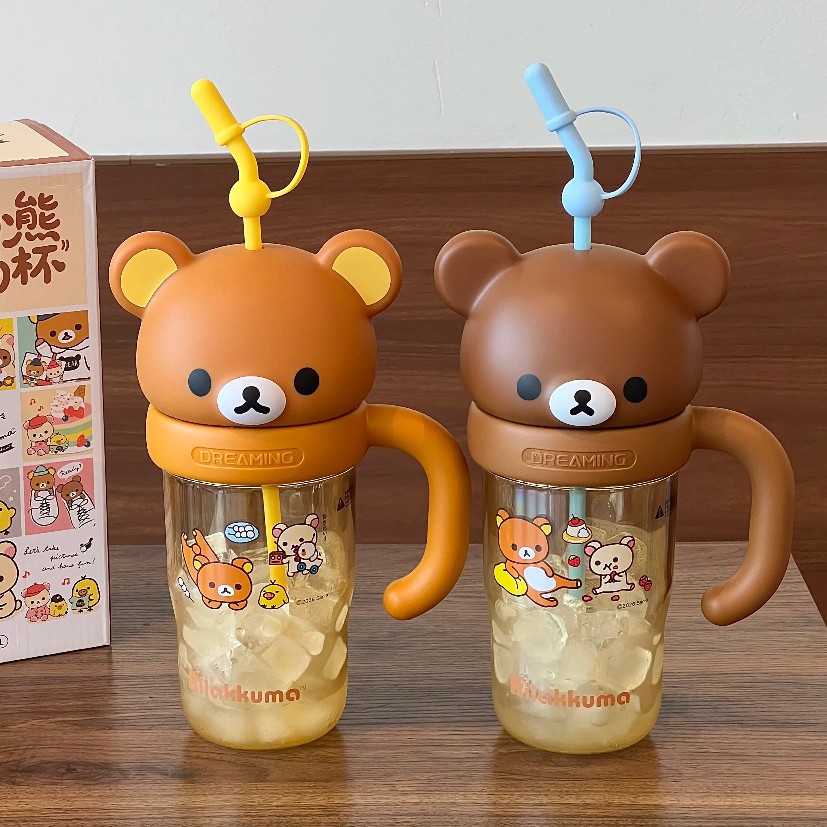 Kawaii 830ml Rilakkuma Ton Ton Cup Super Large Capacity Water Cup Portable Cartoon Bear Drinking Straw Cup Anime Peripheral Gift