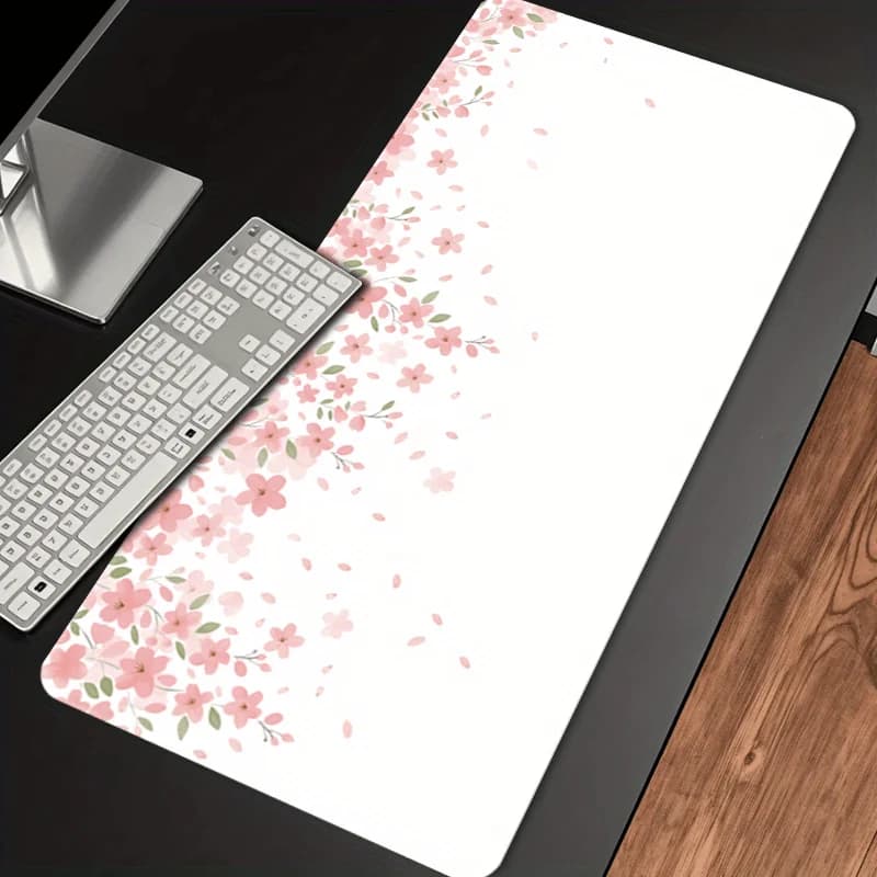 Tappetino per mouse da gaming e tappetino da scrivania di grandi dimensioni - Elegante design floreale con fiori di ciliegio, base in gomma antiscivolo