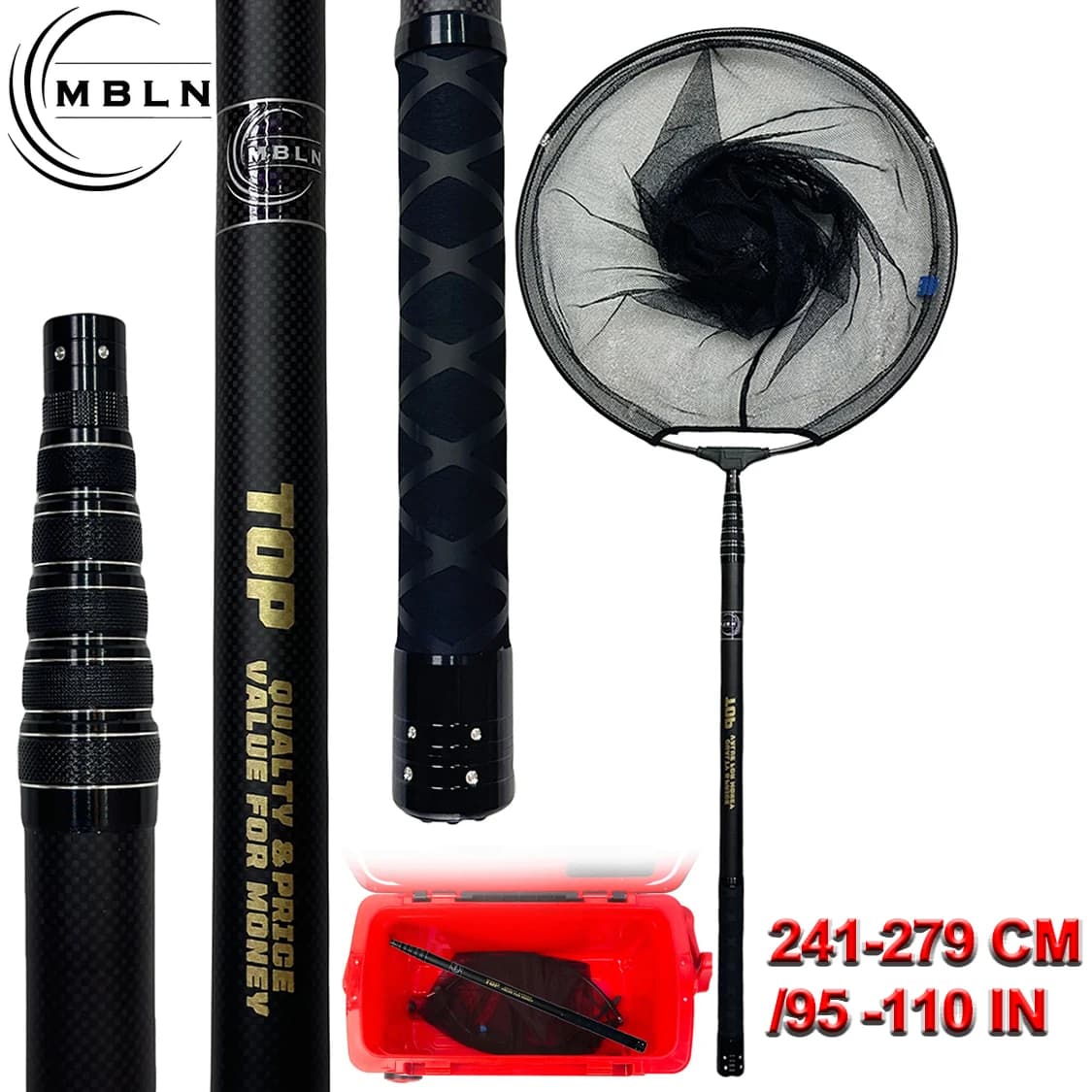 Set di guadini telescopici MBLN, palo da 196/234 cm, testa da 45 cm, asta in carbonio, impugnatura antiscivolo, portatile per tutte le acque
