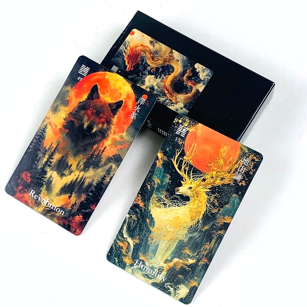 Nuovo mazzo di carte Oracle composto da 64 carte Oracle con esagrammi tradizionali e immagini di animali mistici, perfetto per la divinazione e come regalo.