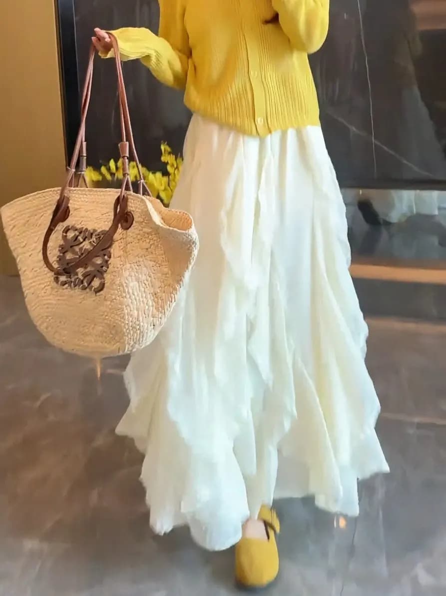 Gonna lunga a vita alta da donna taglie forti, stile delicato, nuova moda estiva, snellente, versatile, con finiture in pizzo, che nasconde i fianchi, lunghezza midi