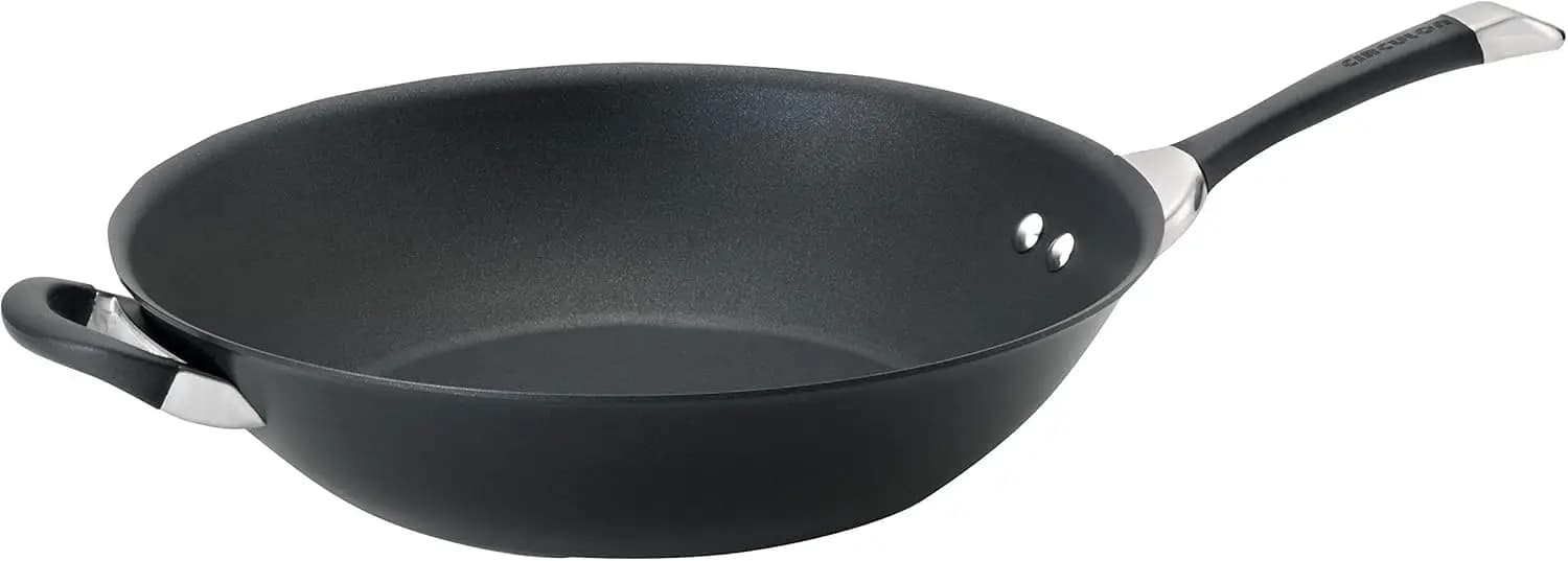 Padella Wok Antiaderente da 14 Pollici con Manico Ausiliario, Pentola in Alluminio Anodizzato Nero per Cucinare Facilmente