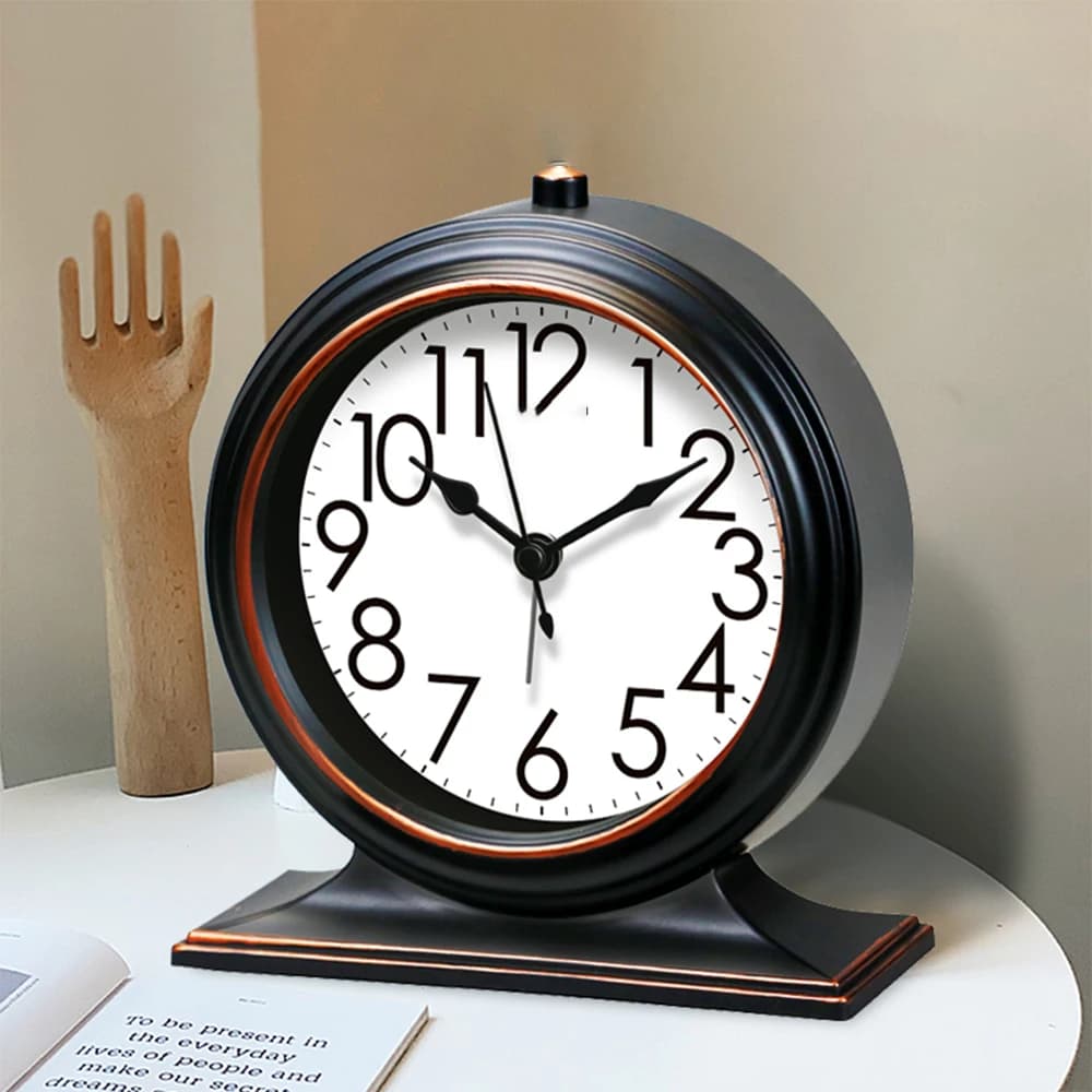 Orologio da Tavolo Classico di Lusso con Cornice Nera, Sveglia Vintage per Camera da Letto, Soggiorno, Ufficio, Decorazione da Scrivania Silenziosa con Altoparlante