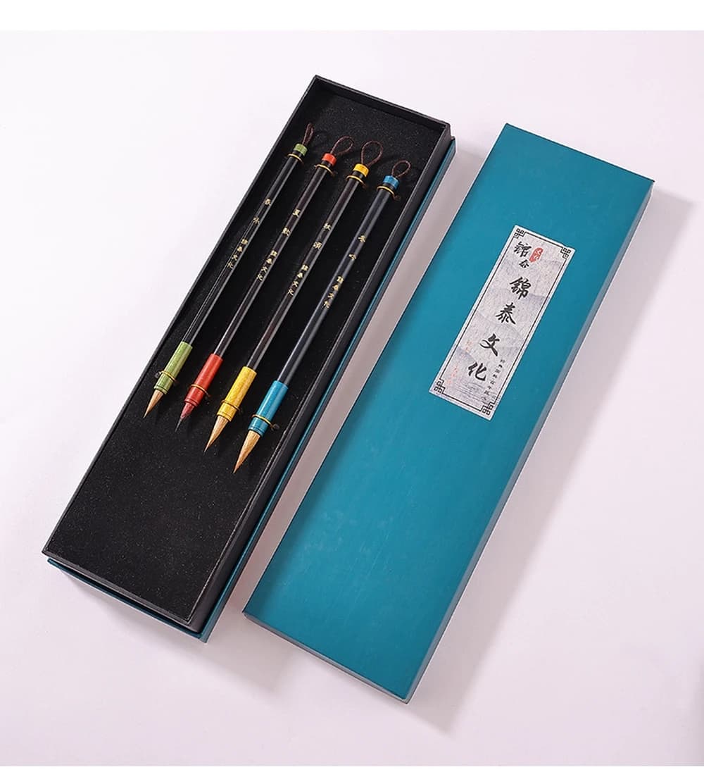 Weasel Hair Calligraphy Brush Set - Slender Gold Small Regular Script, Fine Liner for Sketching & Painting,Handmade Gift Box 4pc