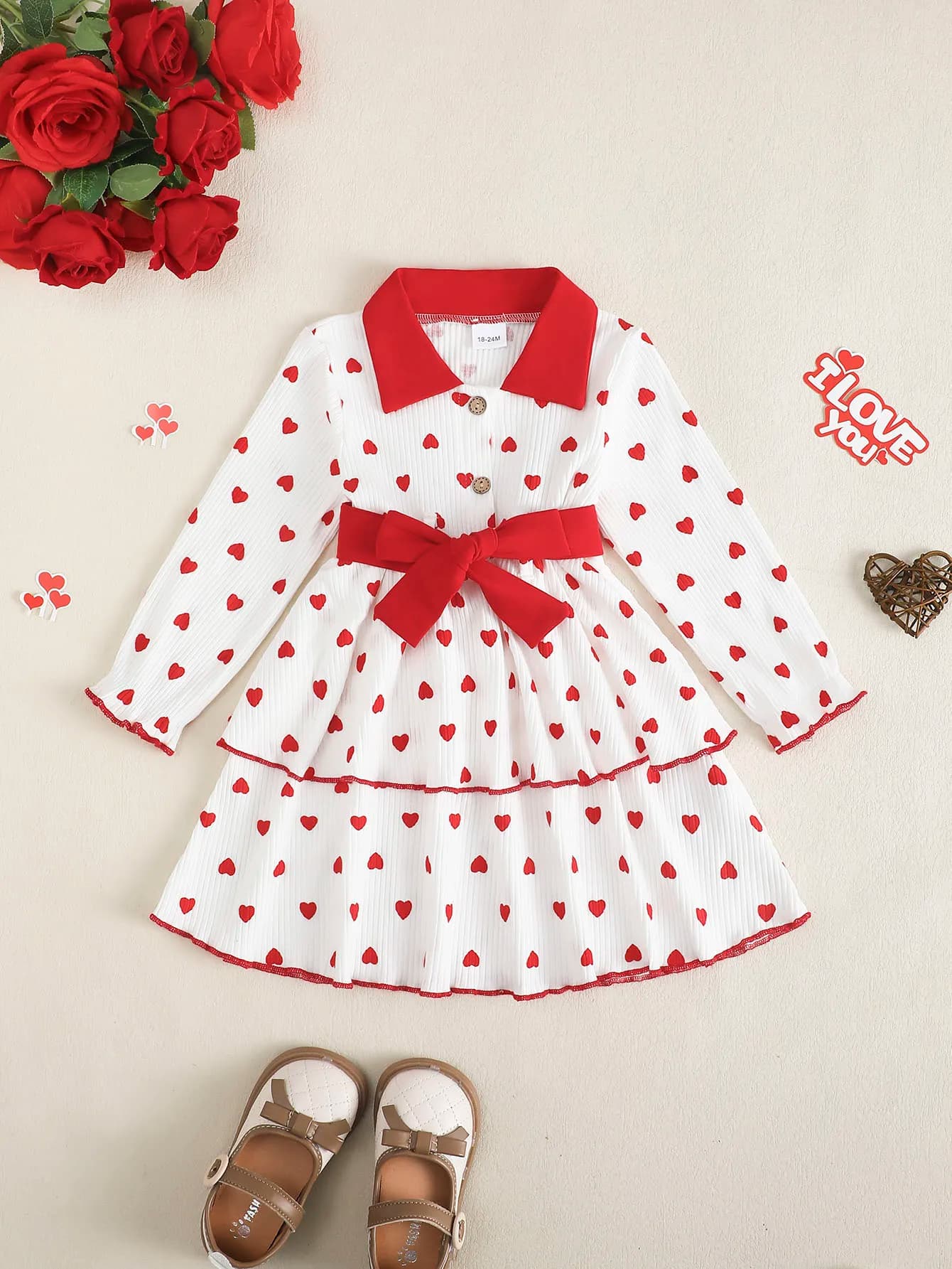 Vestito a maniche lunghe con colletto a risvolto per bambine, gonna a balze per neonate e bimbe piccole