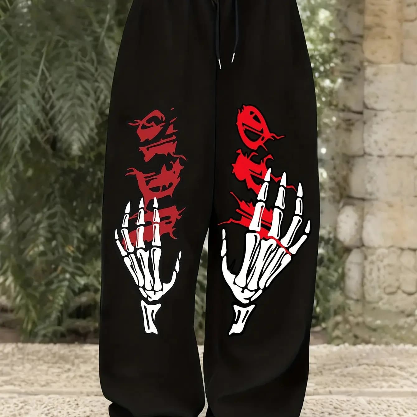 Black Skeleton Handprint Pants for Men and Women, Casual Sports Straight Leg Pants for Spring and Autumn Wear