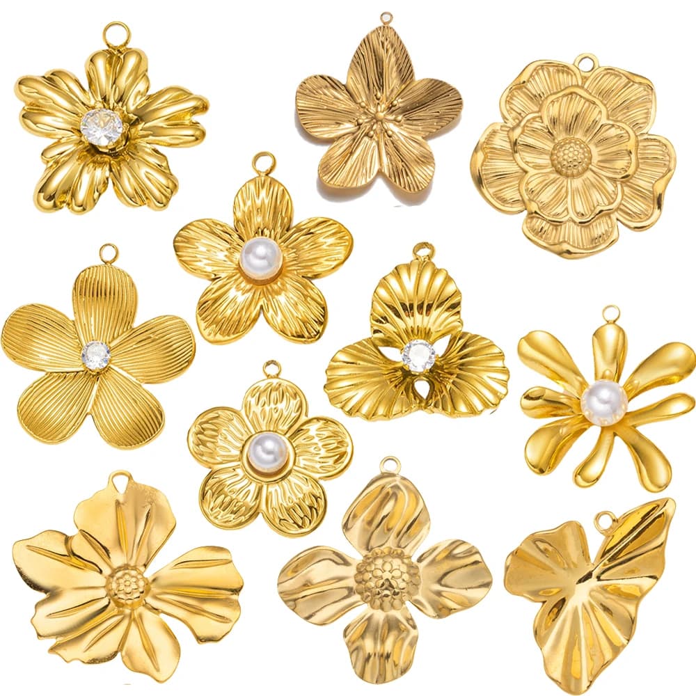 5 ciondoli a forma di fiore in acciaio inossidabile dorato, ciondolo con perla in metallo, per collana fai da te, bracciale, creazione di gioielli e lavorazione all'ingrosso