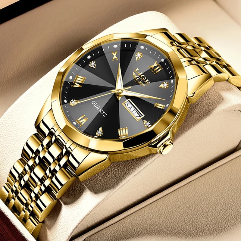 LIGE Creative Quartz watches in Golden Stainless Steel Fashion Women's Raincoat Week Date Women's Watch Simple Gift for Women