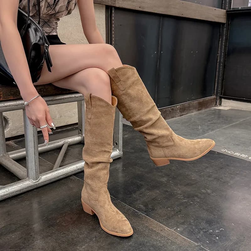 MKKHOU Fashion Knee High Boots Women New High-Quality Genuine Suede Round Toe Pleated high-heels Boots Commuters Women's Boots