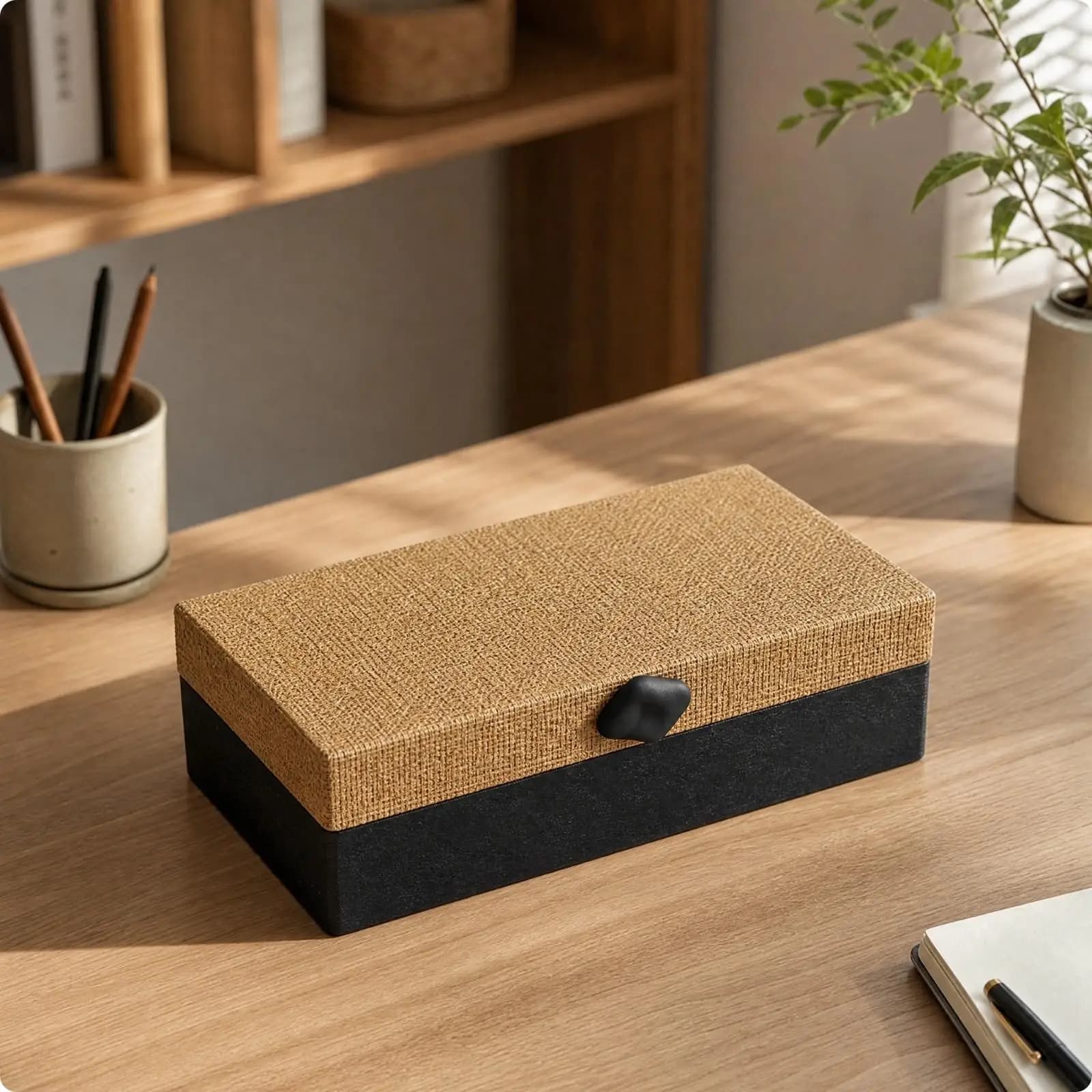 Wood Desk Organizer Storage Container with Jute Panels for Office Stationery Pencil Holder Entryway Tidy