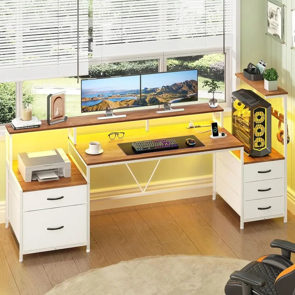 63" Computer Desk with Ders, Storage Shelves and Printer Stand | Gaming Desk with Monitor Stand and LED Lights, Reversible Home