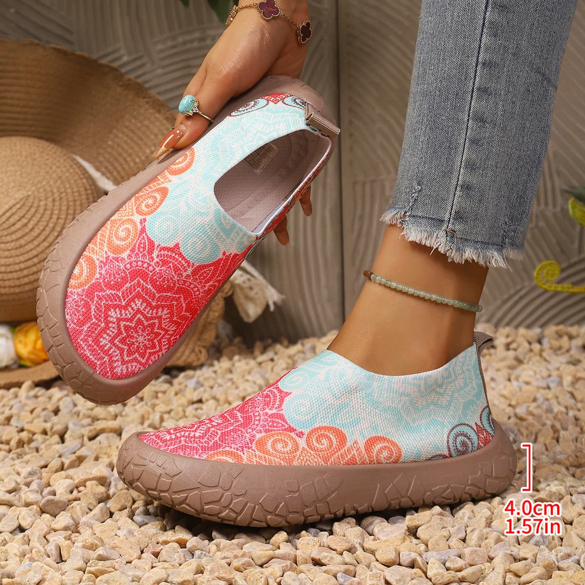 Mandala Floral Print Women Slip On Sneakers 4cm Thick Platform Sole Breathable Knit Non Slip Casual Walking Lazy Shoes