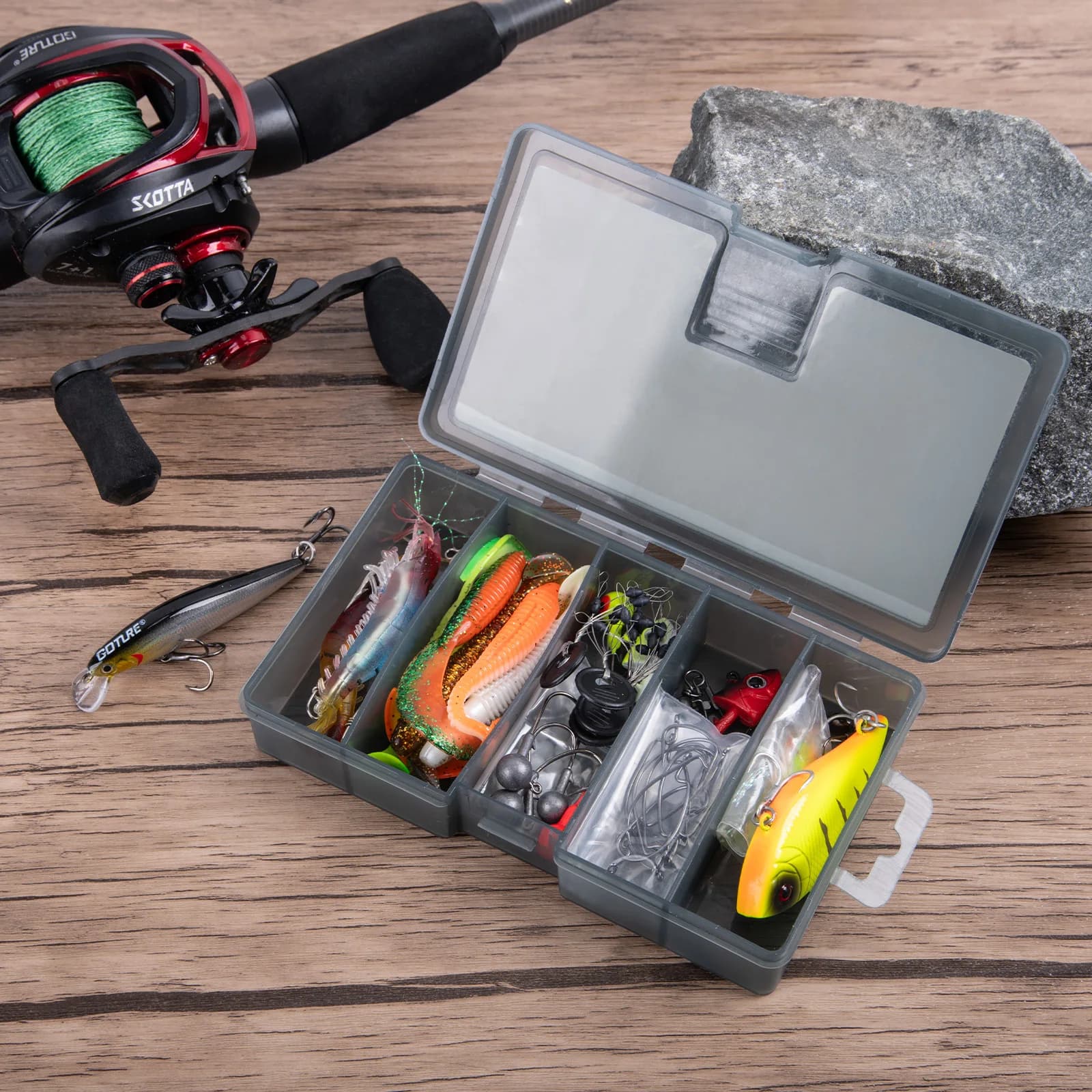 Kit di esche artificiali Goture, esche morbide + esche rigide con scatola porta attrezzi, 6 tipi di rigging per acqua salata e dolce, accessori da pesca