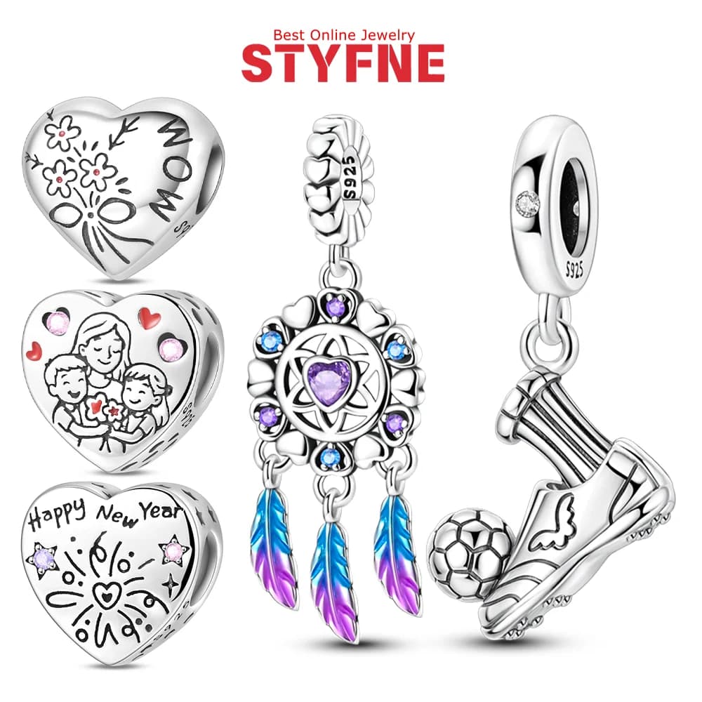 925 Silver Love Happy Family Charms Dream Catcher Playing Football Beads Pendant Fit Original Bracelet DIY Charm Jewelry Making