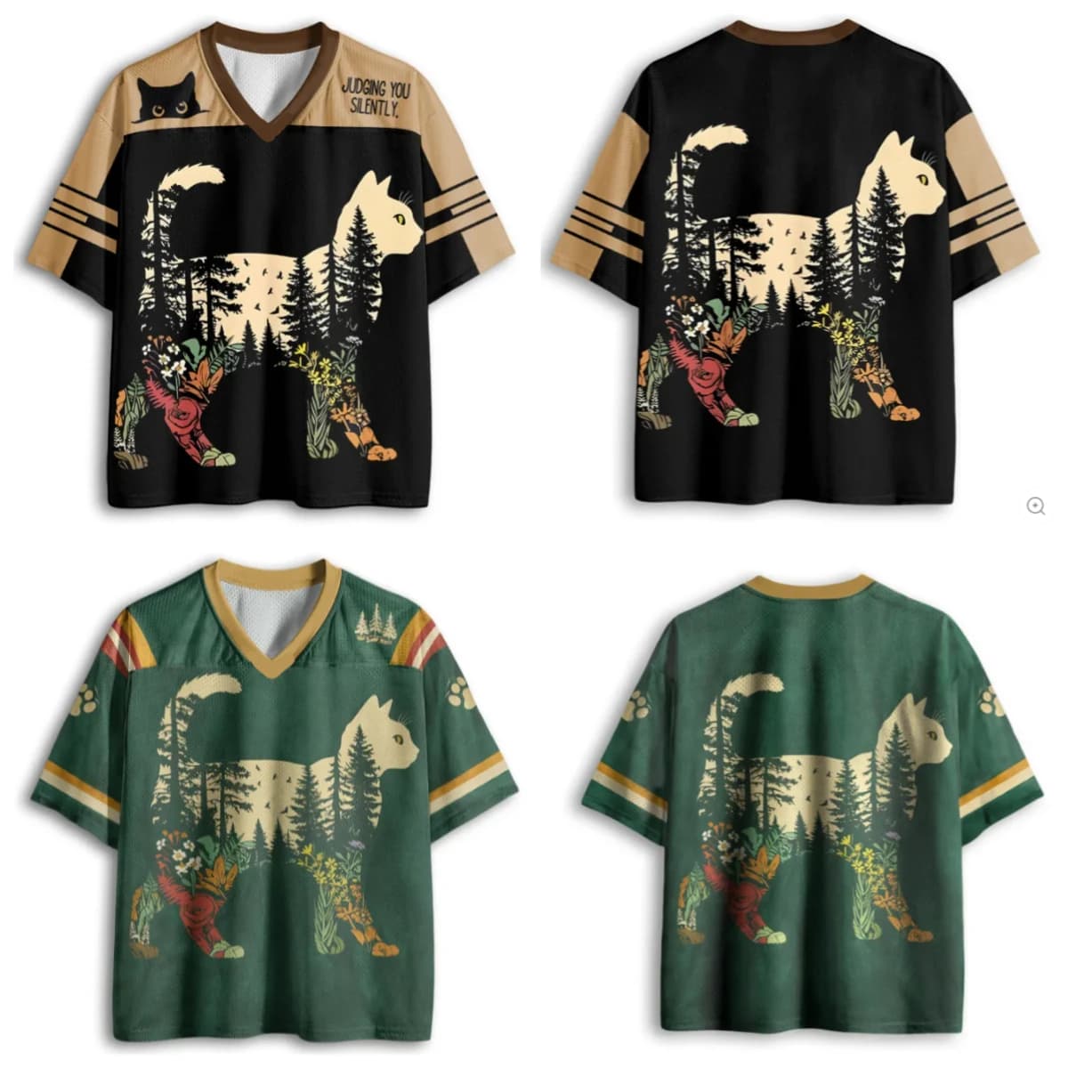 T-shirt con stampa 3D in stile natura per amanti dei gatti, con scollo a V e silhouette floreale silenziosa della foresta per adulti e bambini, modello 'Silently Watching You'