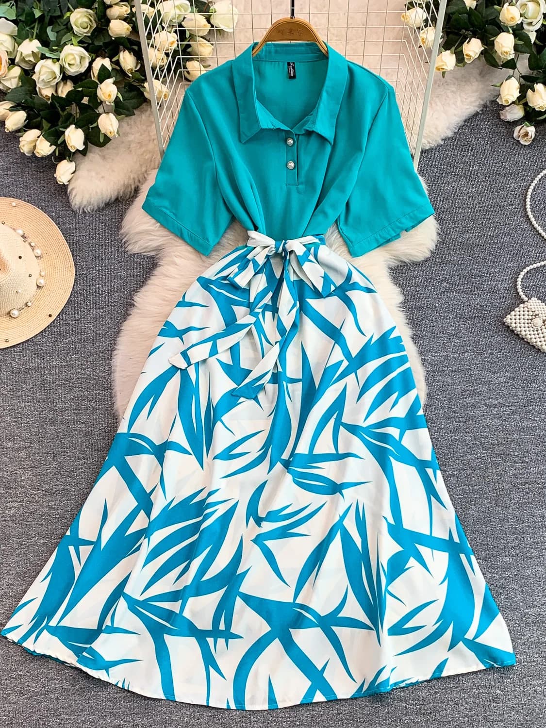 Summer 2026 Women's Elegant Single-Button Plaid Dress Belted Waist Slimming Design Printed Long Skirt Commute Style Short Sleeve