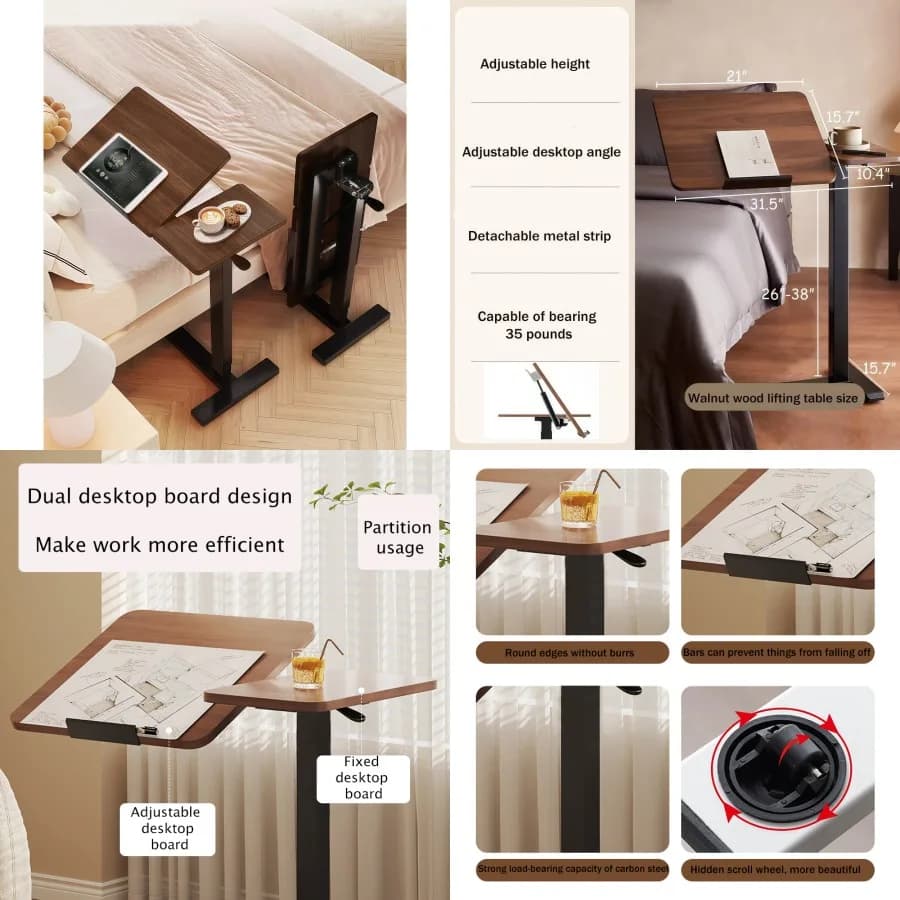 Tavolino da letto mobile aggiornato con ruote, supporto per laptop inclinabile, regolabile in altezza