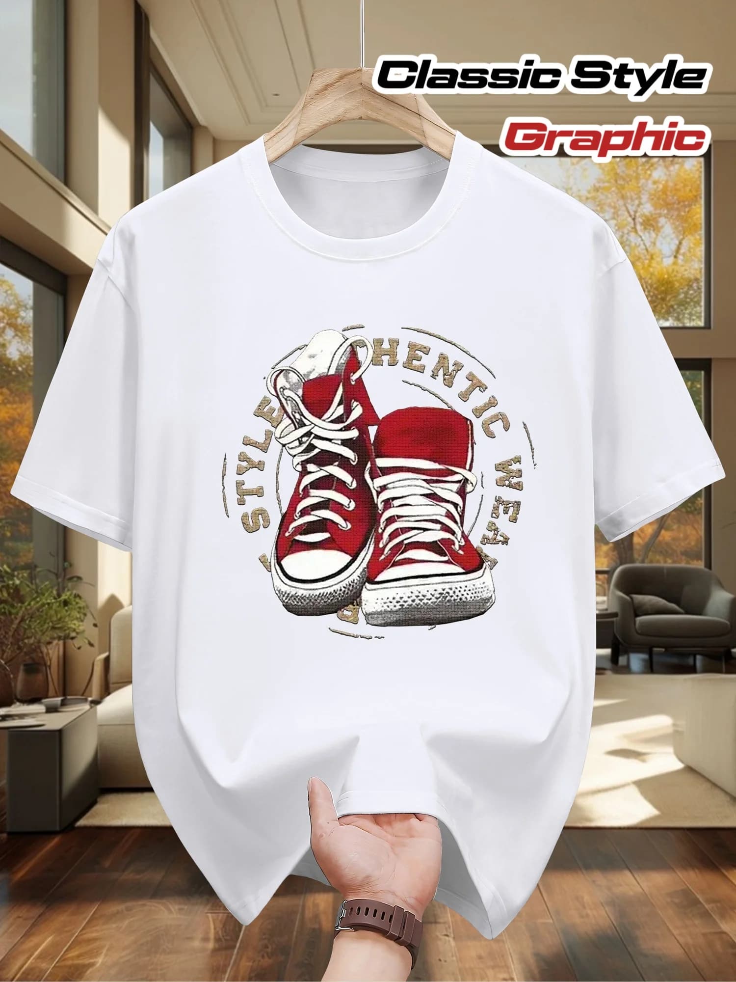 T-shirt da uomo - Nera con grafica sneaker rosse e bianche - Maglietta estiva traspirante per tutti i giorni e occasioni formali - Collo rotondo classico