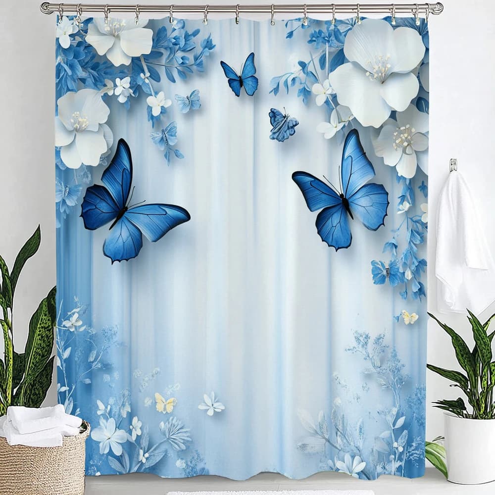 Blue Butterfly White Floral Printed Shower Curtain Waterproof Mildew Resistant Fabric With 12pcs Plastic Hooks Easy To Install F