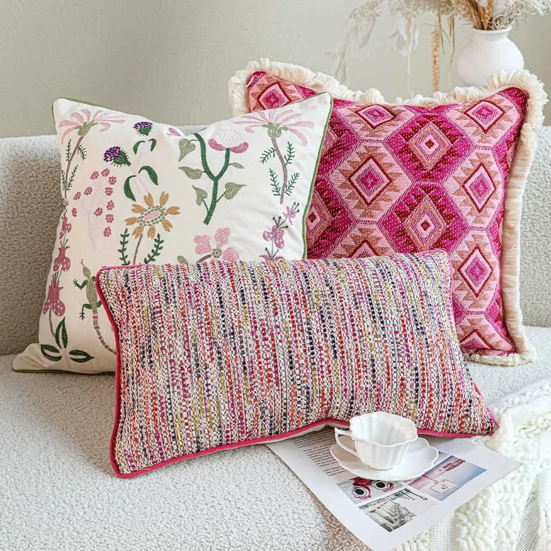 Fodera per cuscino in tessuto con nappa con texture rosa Boho Federa per cuscino jacquard tinta in filo di diamante geometrico Federa per cuscino con ricamo floreale per divano