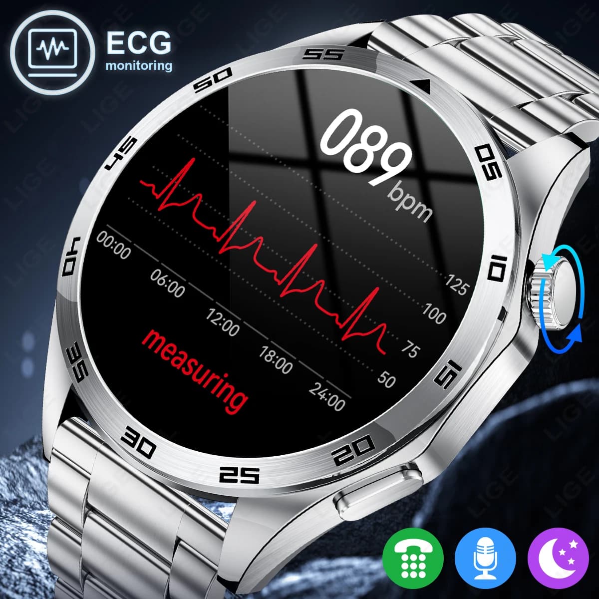 Smartwatch LIGE per Uomo con Esame Fisico Micro, ECG, Chiamate Bluetooth, Monitoraggio Frequenza Cardiaca, Pressione Sanguigna e Ossigeno, Orologio Intelligente per la Salute