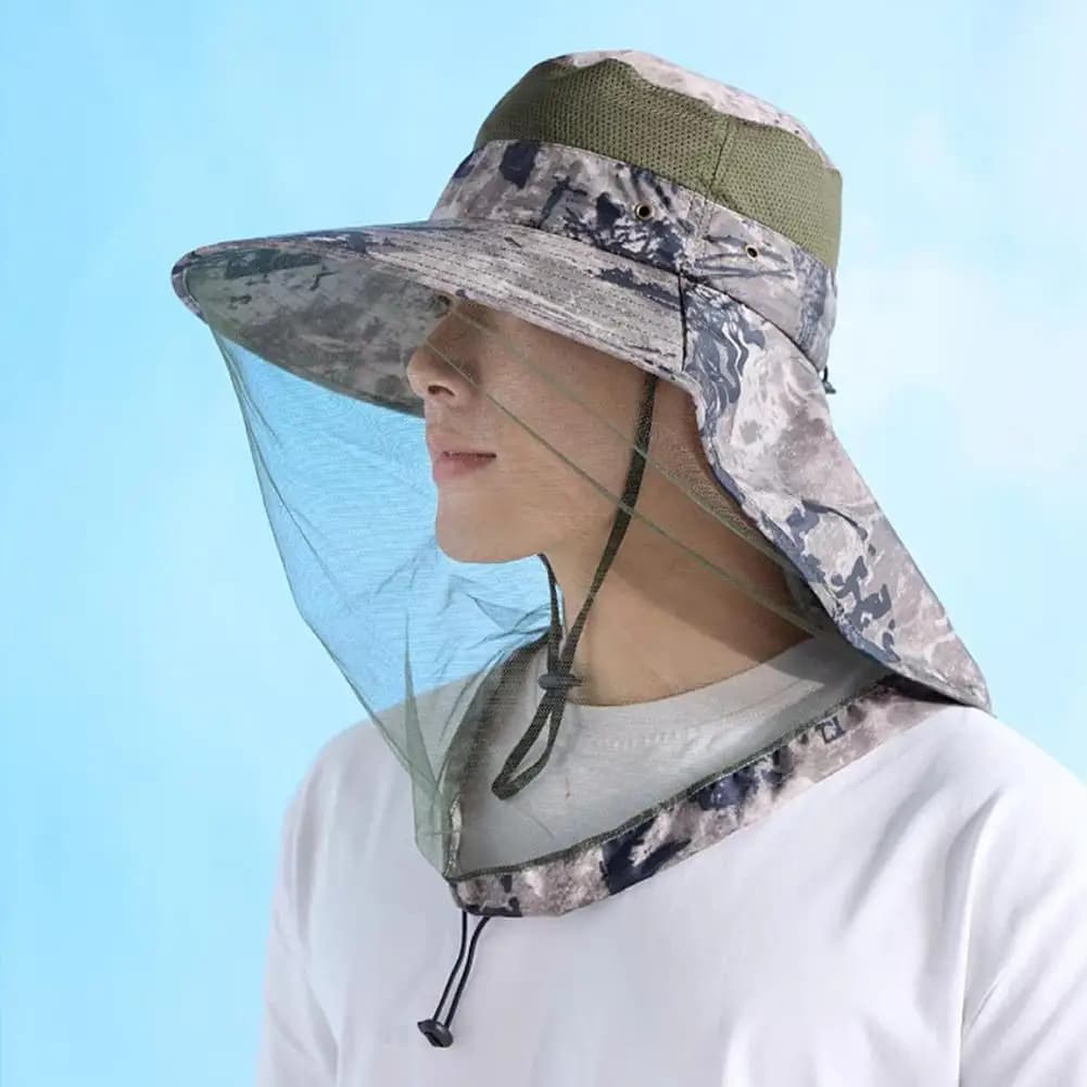 Maschera per il viso in rete, a prova di zanzara, cappello parasole per uomo e donna, estivo, all'aperto, grande grondaia, anti UV, pesca, campeggio, escursionismo
