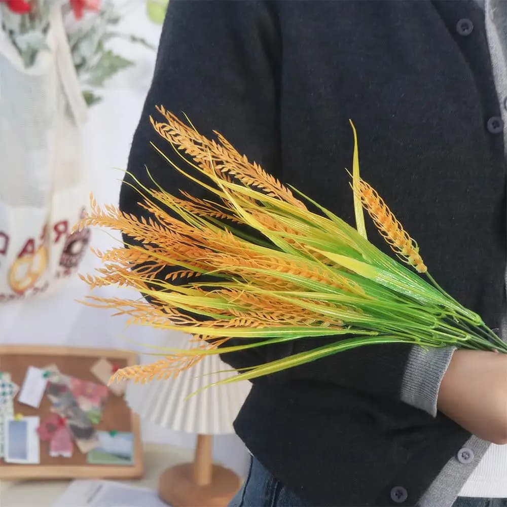 7 Forks Artificial Wheat Ears Rice Plant Bouquet Plastic Non Water Needed Wheat Ears Rice Plant Branch Yellow Flower Realistic