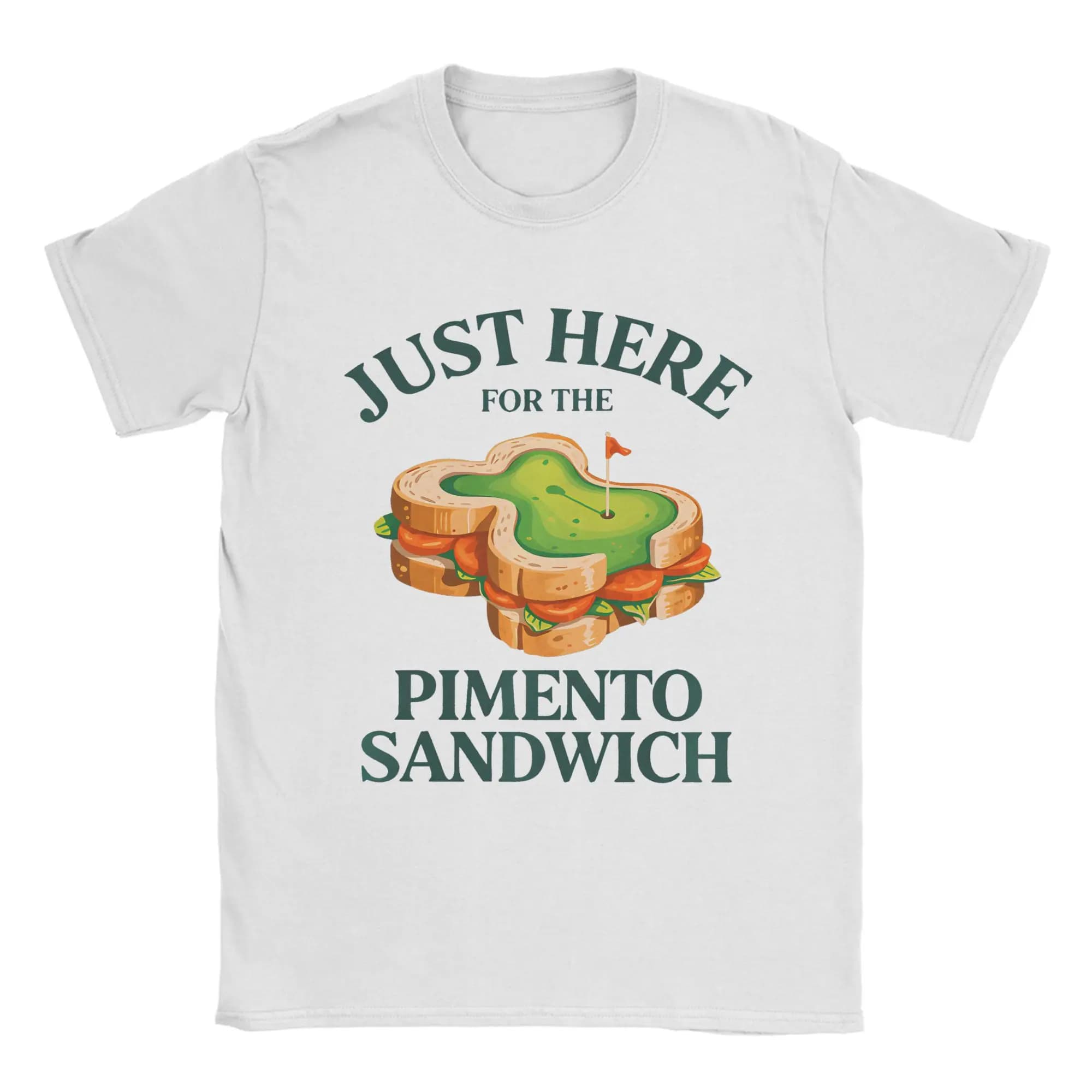 Maglietta in cotone con stampa 'Just Here For The Pimento Cheese Sandwich Golf Humor Season' per adulti, taglie grandi, abbigliamento estivo in saldo.