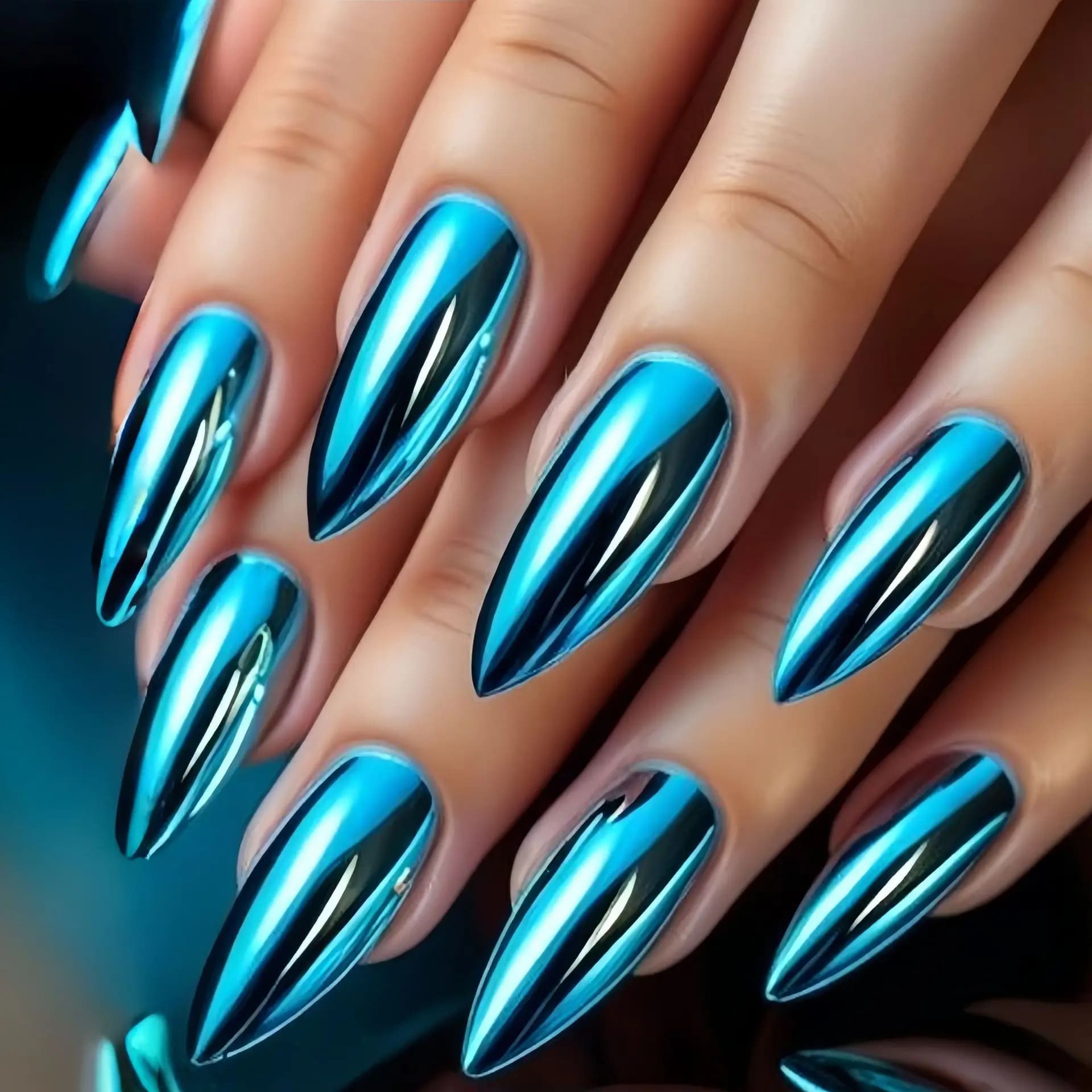 Unghie finte di media lunghezza per donne e ragazze, olografiche, placcate in blu champagne, lucide, a forma di mandorla, punte per unghie a copertura totale, unghie finte press-on per nail art.