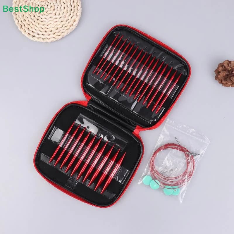 〔R〕Set di ferri da maglia intercambiabili in alluminio rosso - Kit completo di ferri circolari con custodia