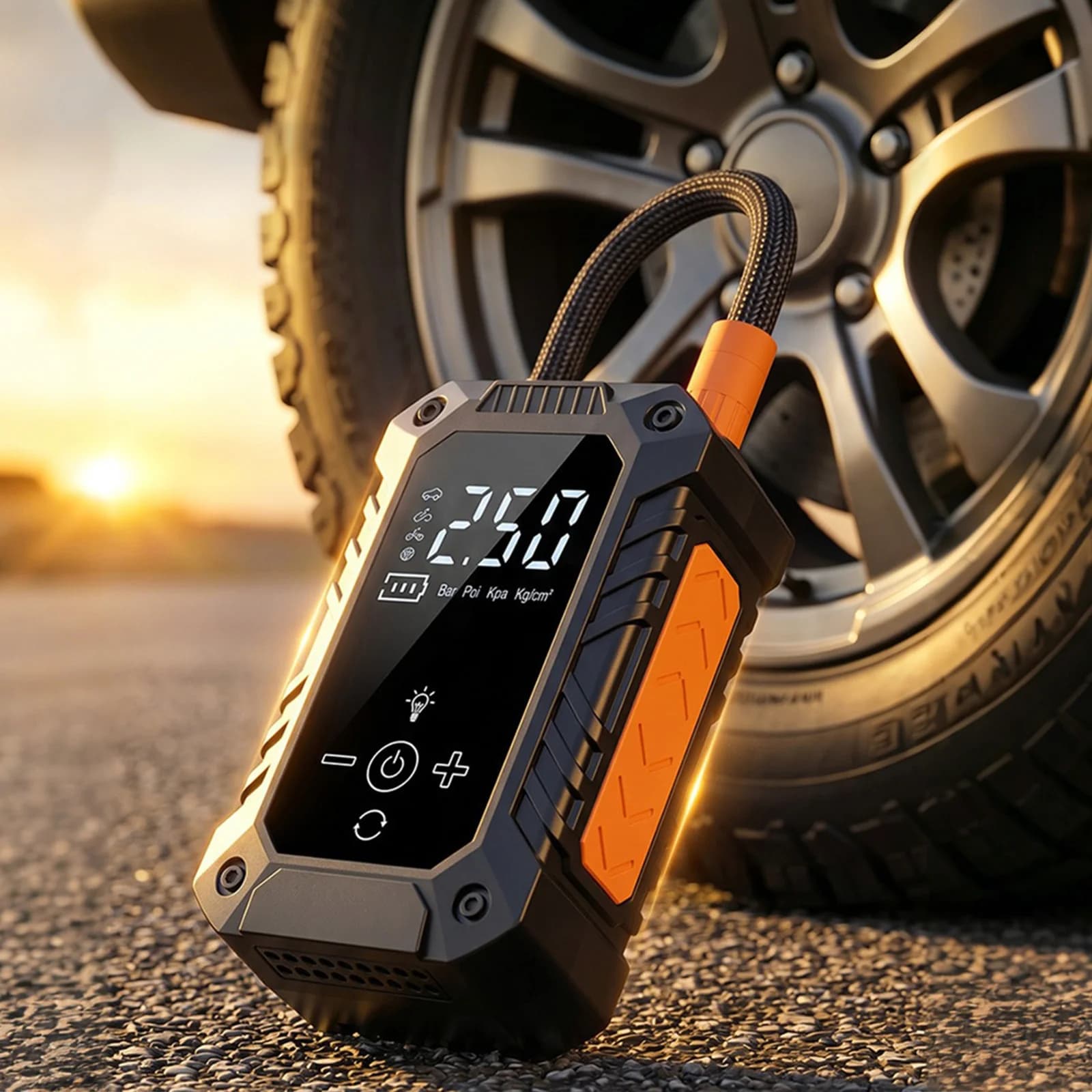 Compressore d'Aria Portatile con Display LCD Digitale, Iniettore Elettrico con Spegnimento Automatico e 4 Ugelli per Auto, Bici e Moto