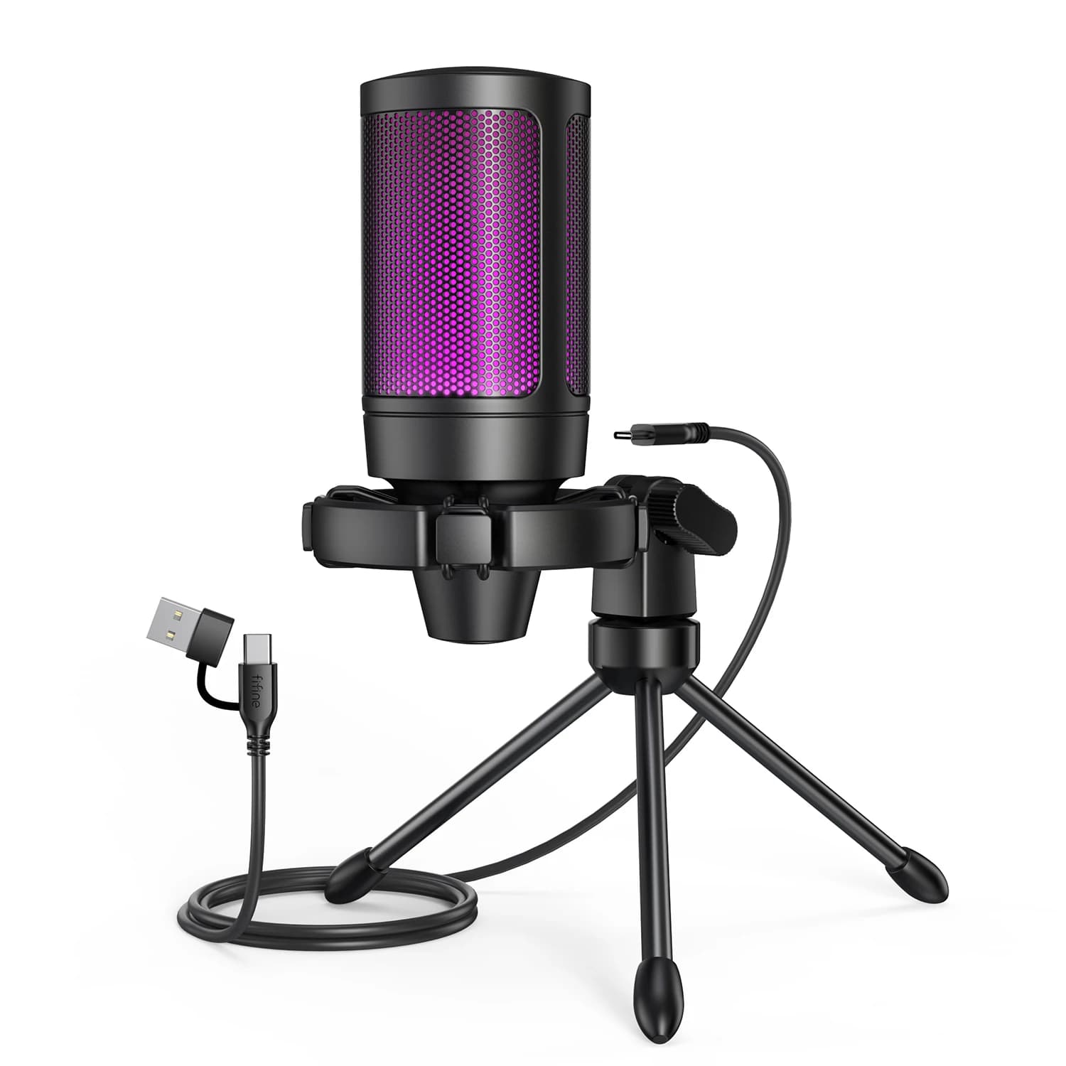 Microfono da gioco AmpliGame con muto rapido, microfono a condensatore USB RGB con treppiede per dispositivi mobili, PC, laptop, PS4/5, Streaming-A2