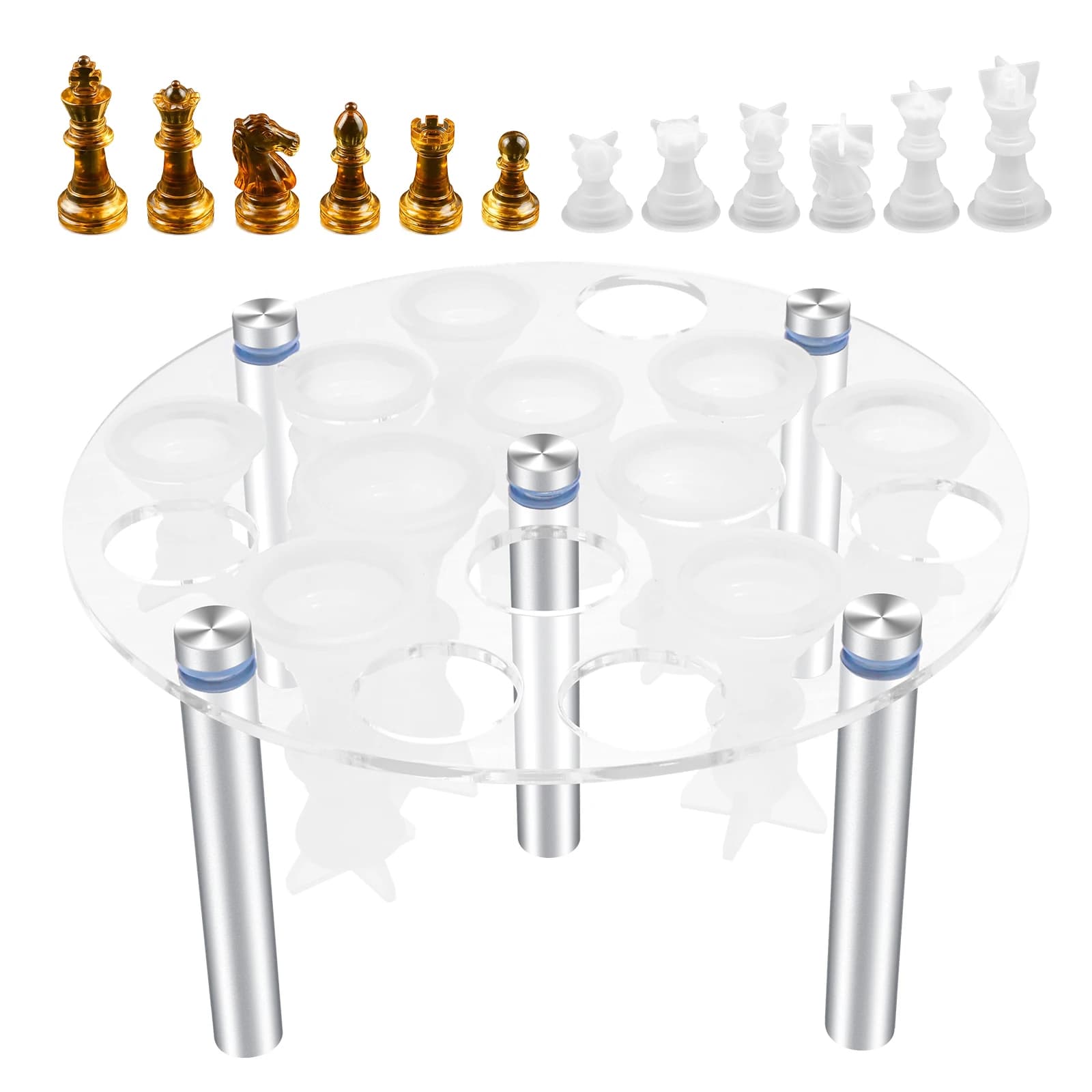 Resin Silicone Chess Mold 3D Silicone Chess Mold Easy to Use Chess Set Molds with Holder and 16pcs Chesses Mould for Board Games
