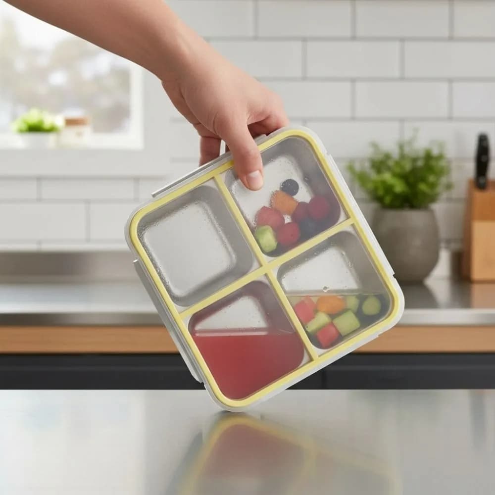 Contenitore per Pranzo Quadrato Portatile a 4 Scomparti, Ermetico, Adatto al Microonde, in Acciaio Inox 304, Vassoio per Cubetti di Ghiaccio, per Asilo