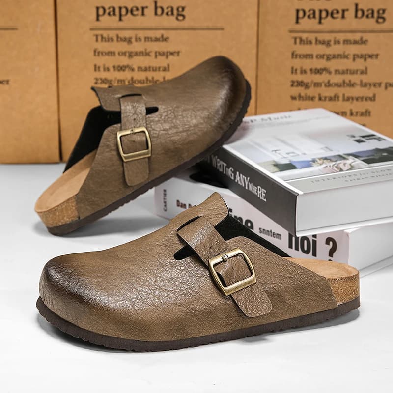 Sandali in pelle alla moda con fibbia regolabile Comfort senza schienale Poggiapiedi Pantofole unisex con punta chiusa in sughero Zoccoli slip-on