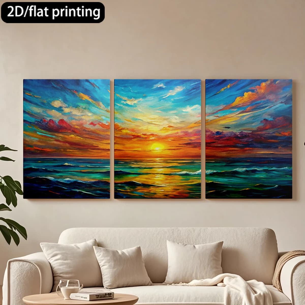 Decorative painting on canvas with wooden frame, 3 pieces. Bright sunset on the sea. Tende per camera da letto ikea.
