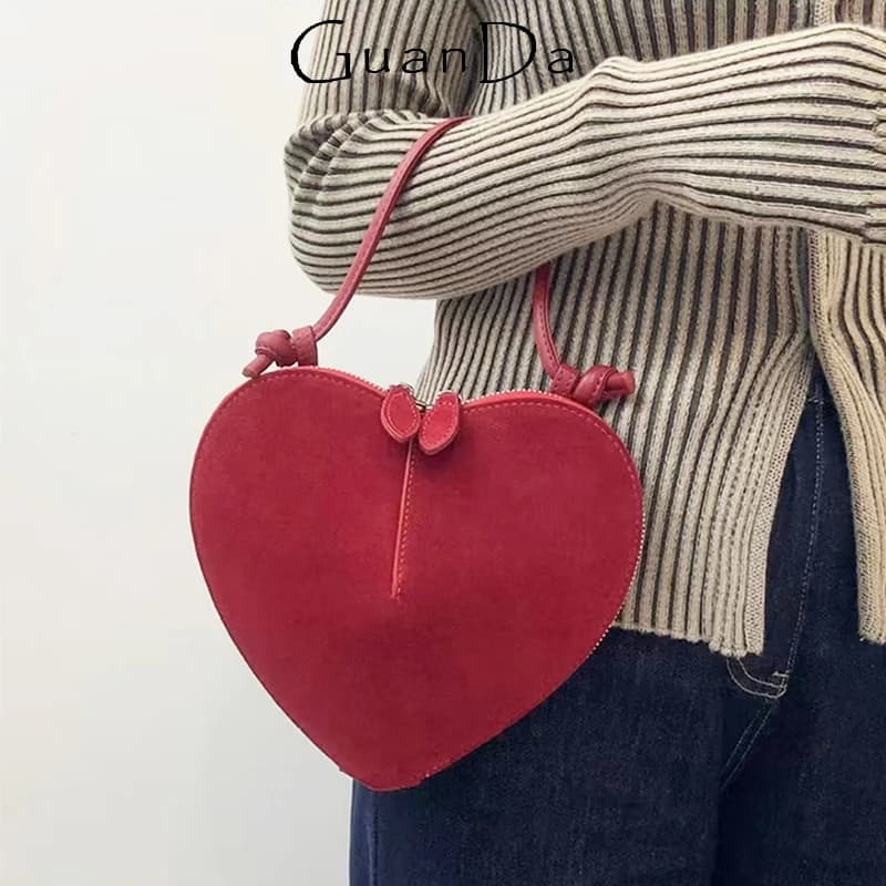 Handbag in heart shape leather suede luxury cowhide bag for woman Casual Travel Shoulder Bag Party Lady Beautiful Shoulder Bag