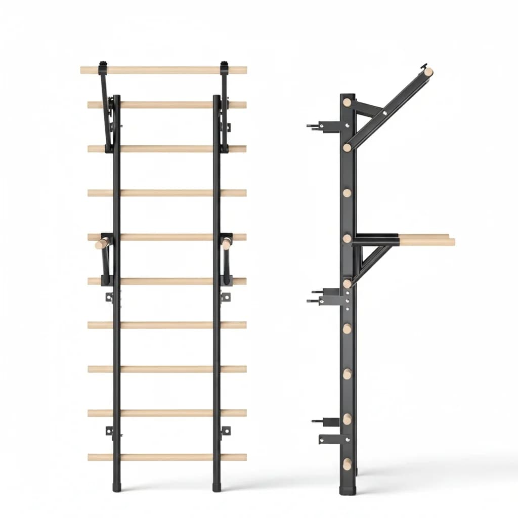 Scala a Muro Svedese, Attrezzatura per Pilates in Legno e Acciaio Resistente, Barra per Trazioni, Equipaggiamento per Palestra Domestica