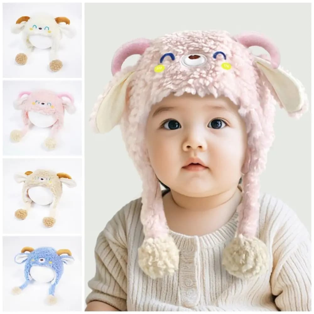 Cartoon Lamb Beanie Caps Thickened Coldproof Children's Pullover Hats Strap Design Windproof Winter Warm Hat Autumn and Winter