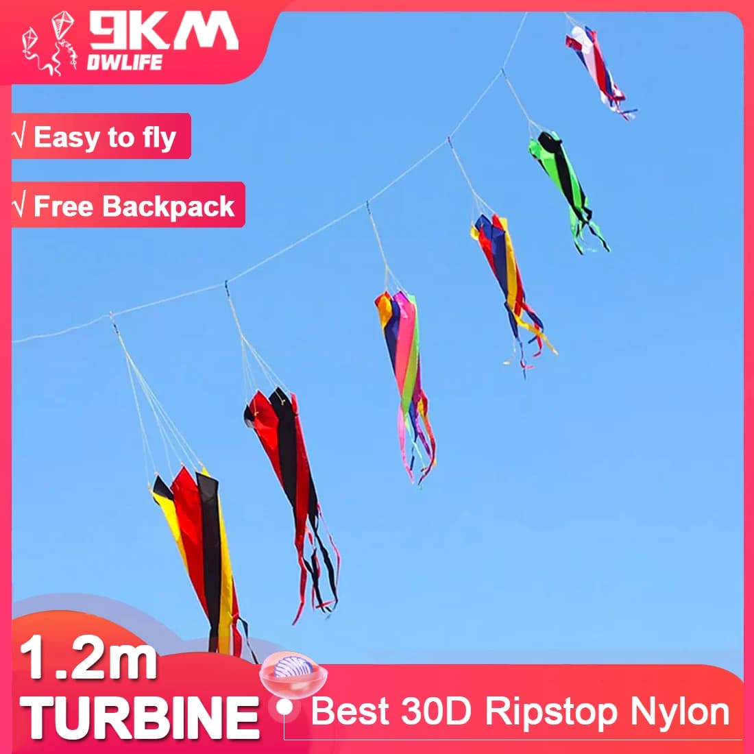 9KM 1.2m Spinner Windsock Turbine Line Washer Soft Inflatable Show Kite 30D Ripstop Nylon with Bag