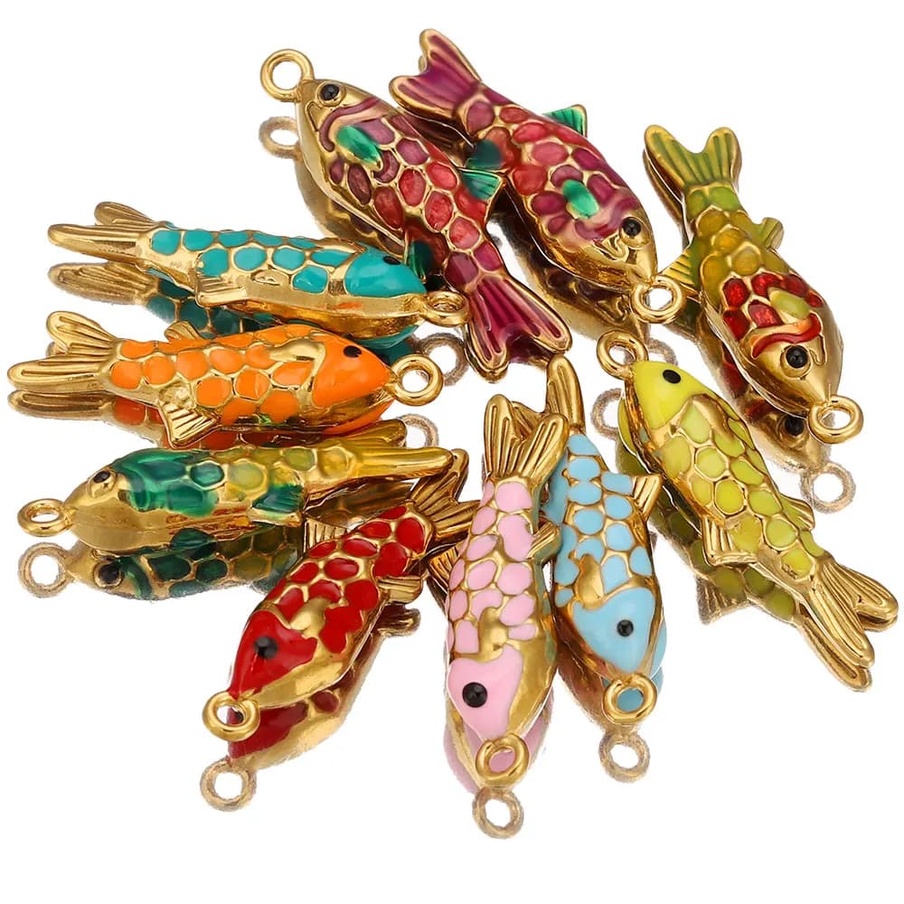 2 pendenti con ciondoli a forma di pesce in oro smaltato colorato in acciaio inossidabile per orecchini fai da te, materiali per gioielli, creazione di ciondoli, artigianato