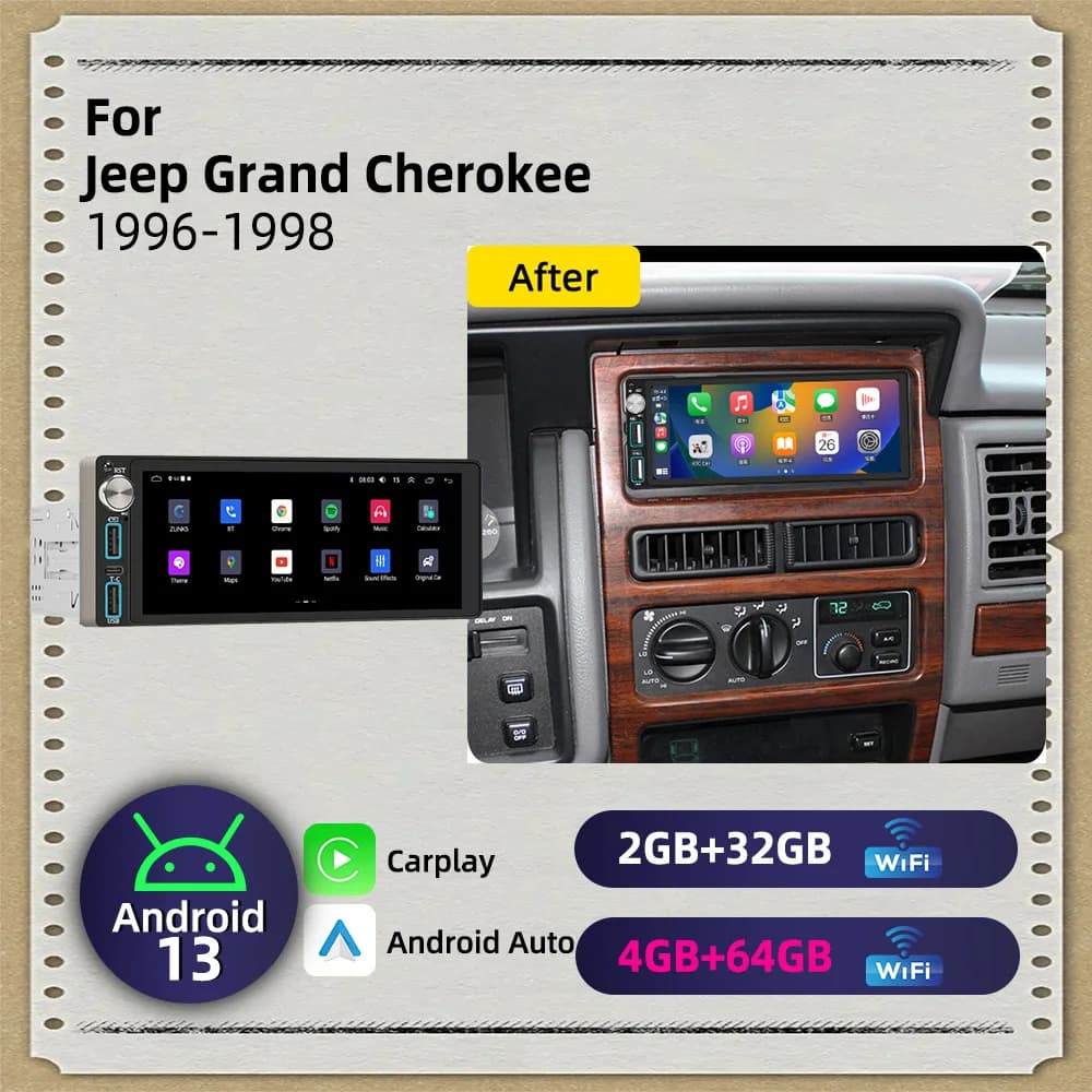 6.86" Android Car Radio 1din Multimedia Autoradio Head Unit Stereo for Jeep Grand Cherokee 1996-1998 Carplay Android Auto GPS