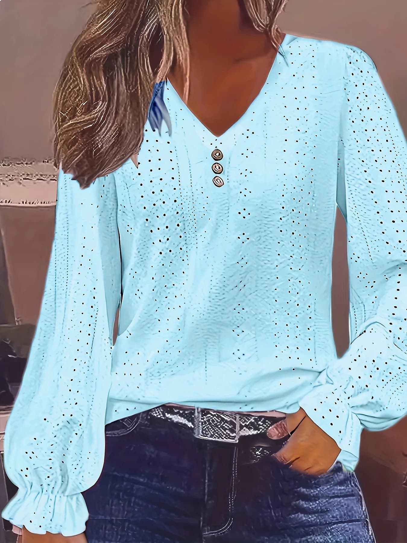 Plus Size Eyelet Button V Neck Long Sleeve Tunic Top Casual Spring Fall Blouse Tee