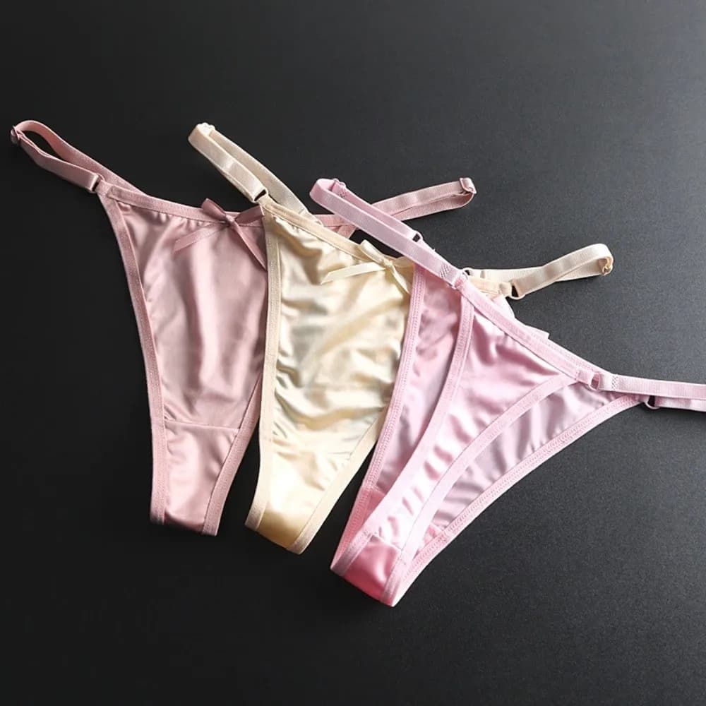 Fashion Low Waist Sheer Satin Bow Thong Transparent G Strings Brocade Briefs Women Panty Lingerie Romantic T Panties Women