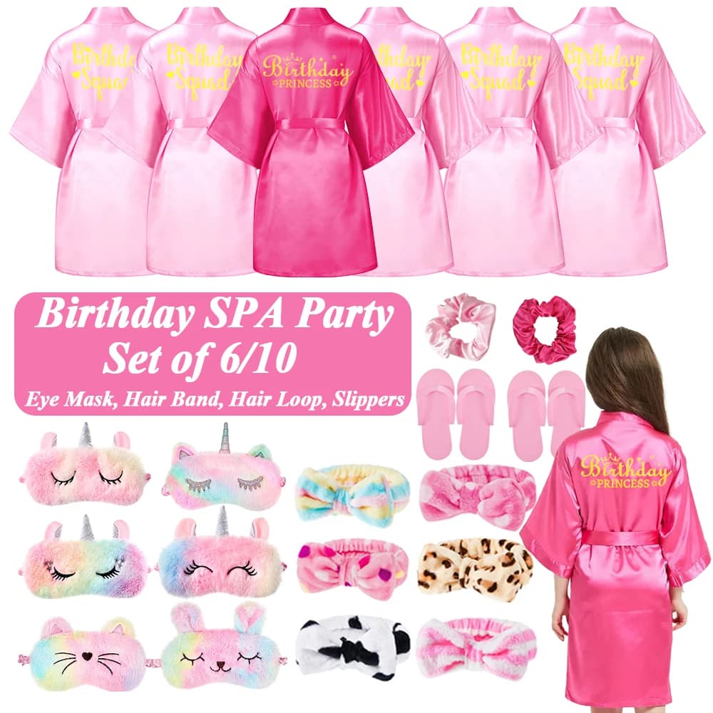 Birthday Spa Party for Girls Satin Bathrobe Kit Baby Kimono Girl Dress Unicorn Animal Plush Eye Mask for Sleep Princess Party