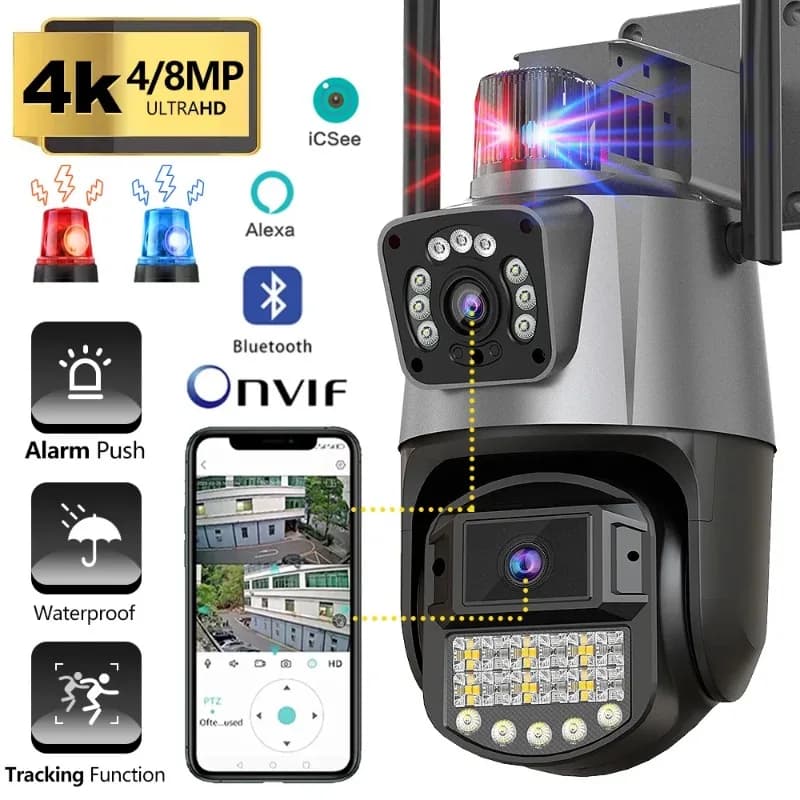 8MP WiFi PTZ Dual Screen Security Camera Outdoor CCTV with Color Night Vision AI Tracking Compatible with ICSEE App